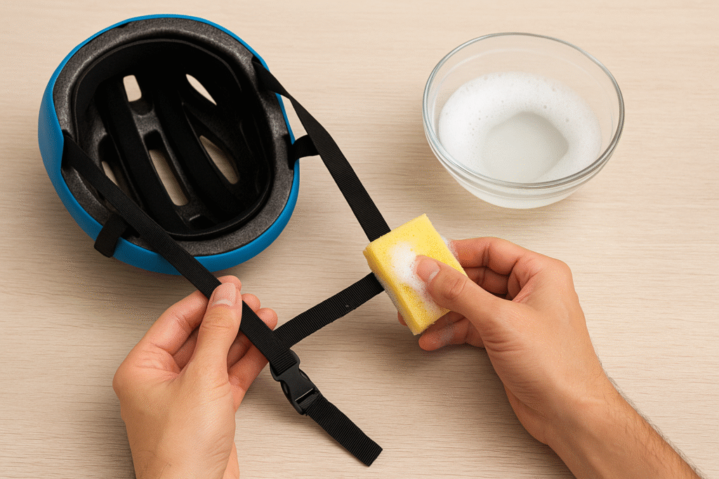 Hands cleaning black bicycle helmet straps with a sponge and soapy water on a wooden surface