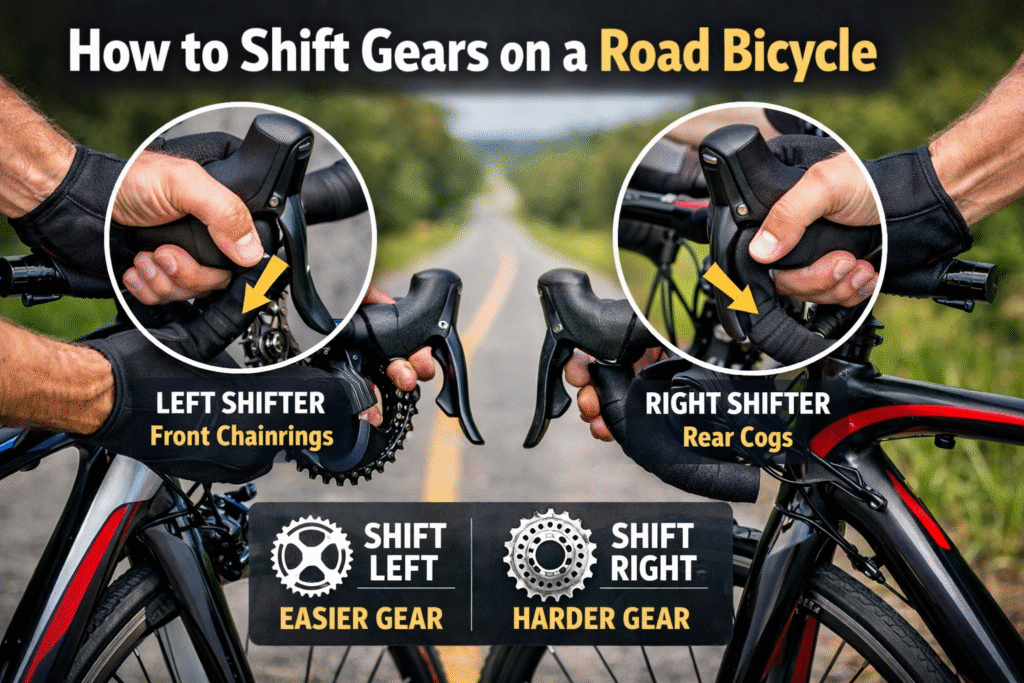 Hands operating left and right shifters to demonstrate how to shift gears on a road bicycle correctly