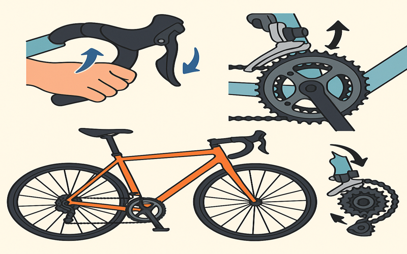 Illustration showing how to shift gears on a road bicycle using shifters and derailleurs