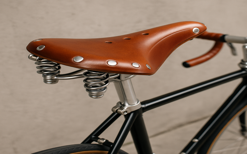 Classic full-grain leather saddle on a vintage-style bicycle with metal springs and rivets
