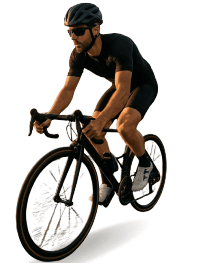 A professional cyclist in black cycling gear riding a road bike, illustrating posture and technique as part of the best cycling tips for beginners.