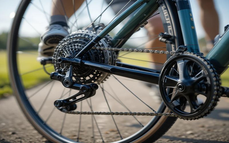 Drivetrain of a road bike showing how to shift gears on a road bicycle with detailed view of the derailleur, chain, and cassette.