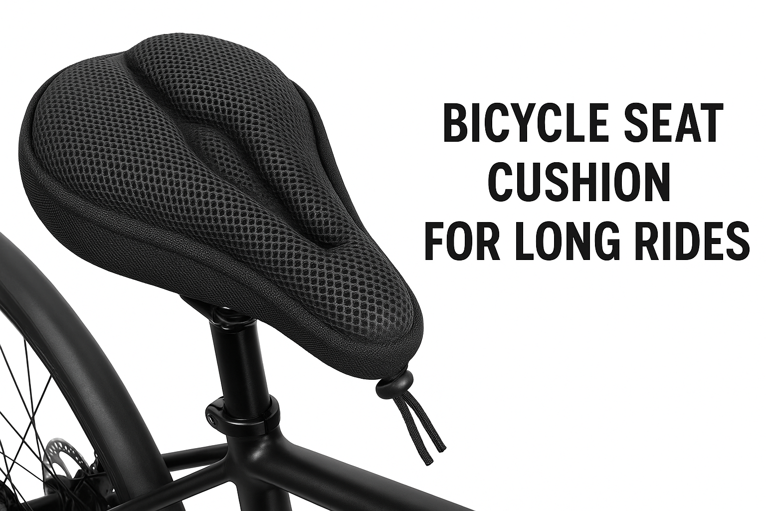 Comfortable black bicycle seat cushion designed for long rides, mounted on a bike seat with breathable mesh fabric.