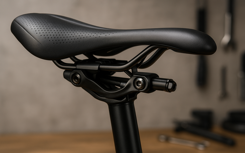 Close-up view of a bike seat adjustment mechanism on a modern saddle