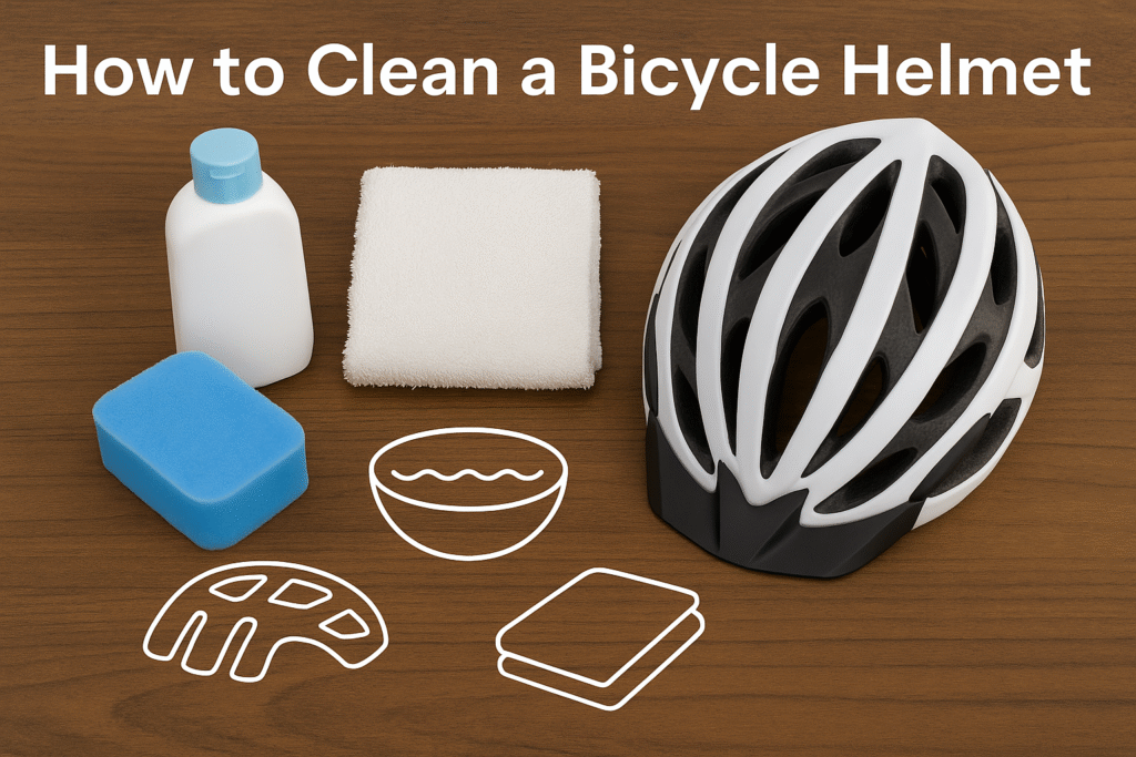 Cleaning supplies and a bicycle helmet laid out on a wooden surface, showing essentials needed for how to clean a bicycle helmet.