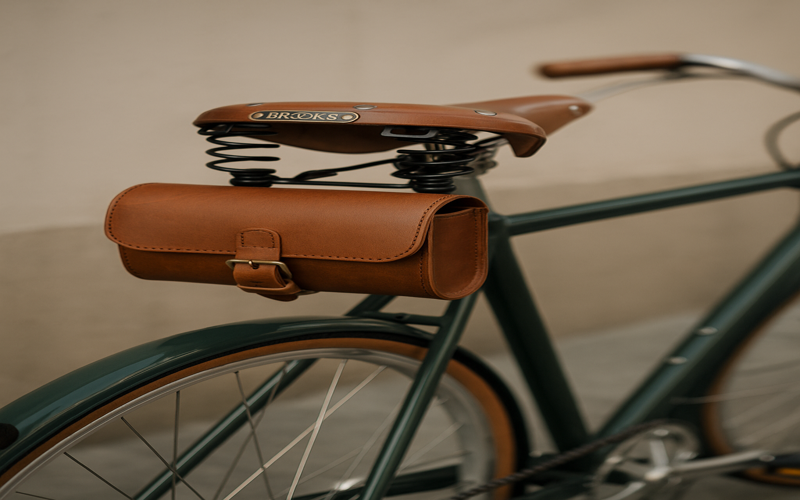 Leather bicycle seat bag mounted under a Brooks leather saddle on a vintage-style green bike.