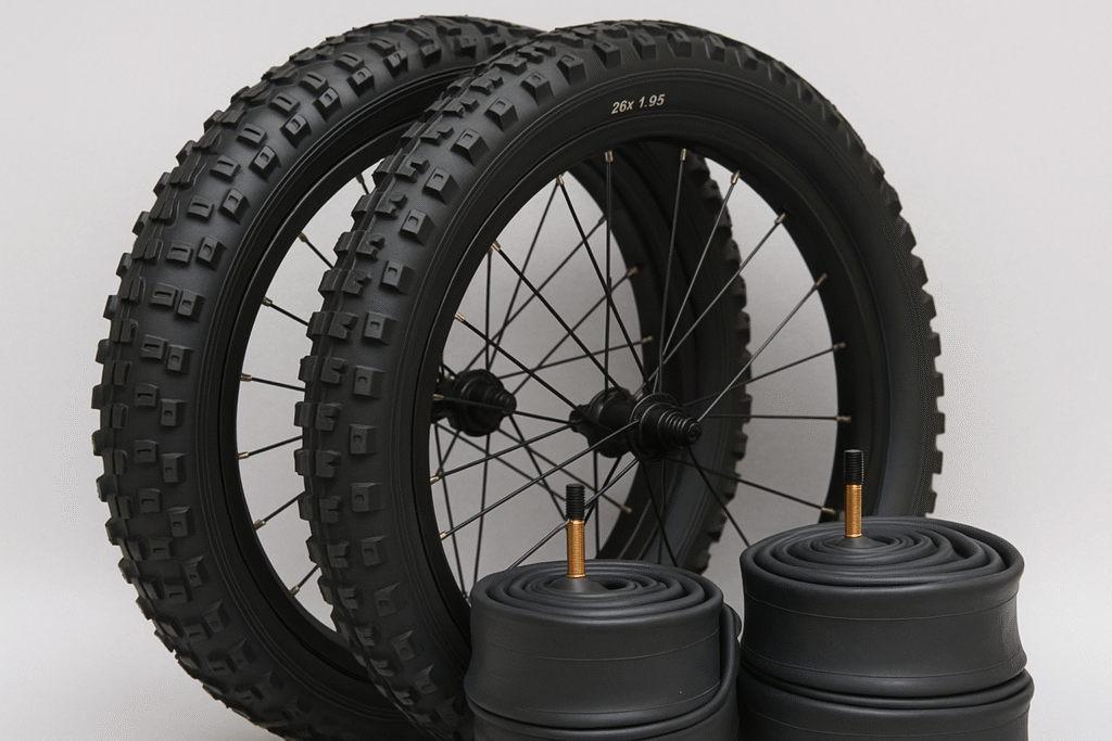 bicycle tires and tubes 26 inch set displayed on a white background