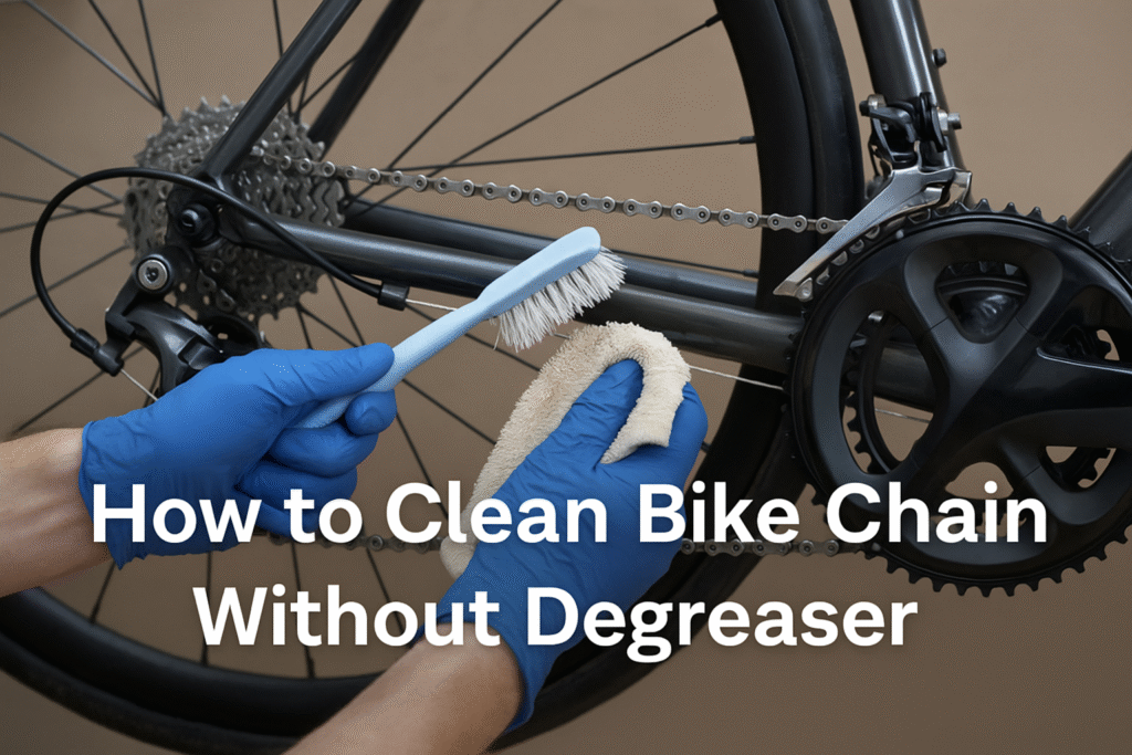 Person cleaning a bicycle chain using a brush and cloth without degreaser