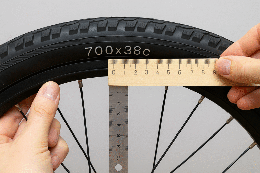 How to measure bike tire tube size with a close-up of a bicycle tire being measured