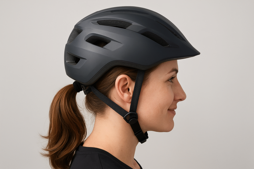 Ladies helmet with hole for ponytail for comfortable and secure cycling