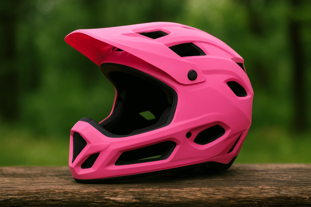 Pink full face mountain bike helmet with durable design and safety features