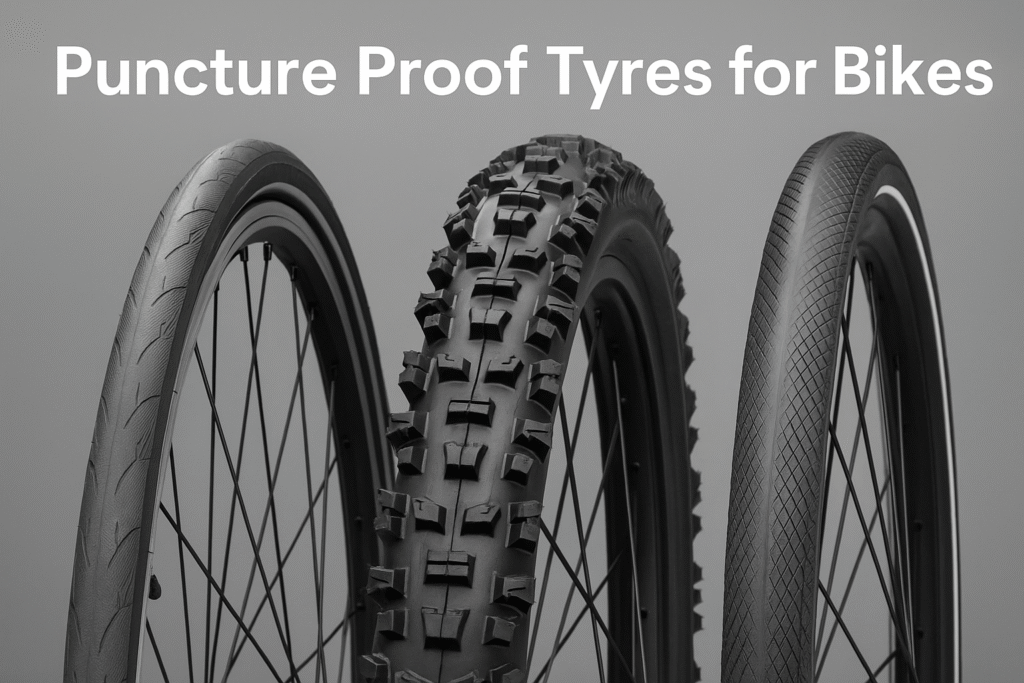Three types of puncture proof tyres for bikes including road, mountain, and electric bike tyres
