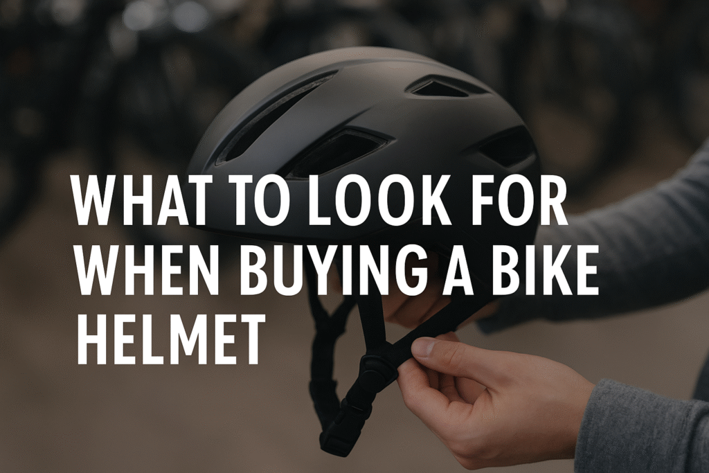 Cyclist checking fit and safety features when buying a bike helmet