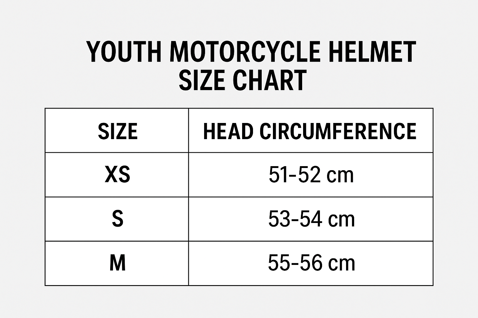 Youth motorcycle helmet size chart with measurements for proper helmet fitting