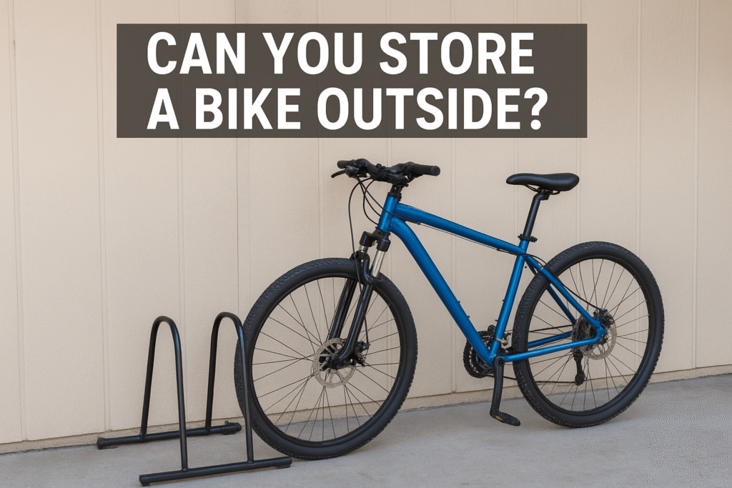 Bicycle stored safely outside using a weatherproof cover and bike stand