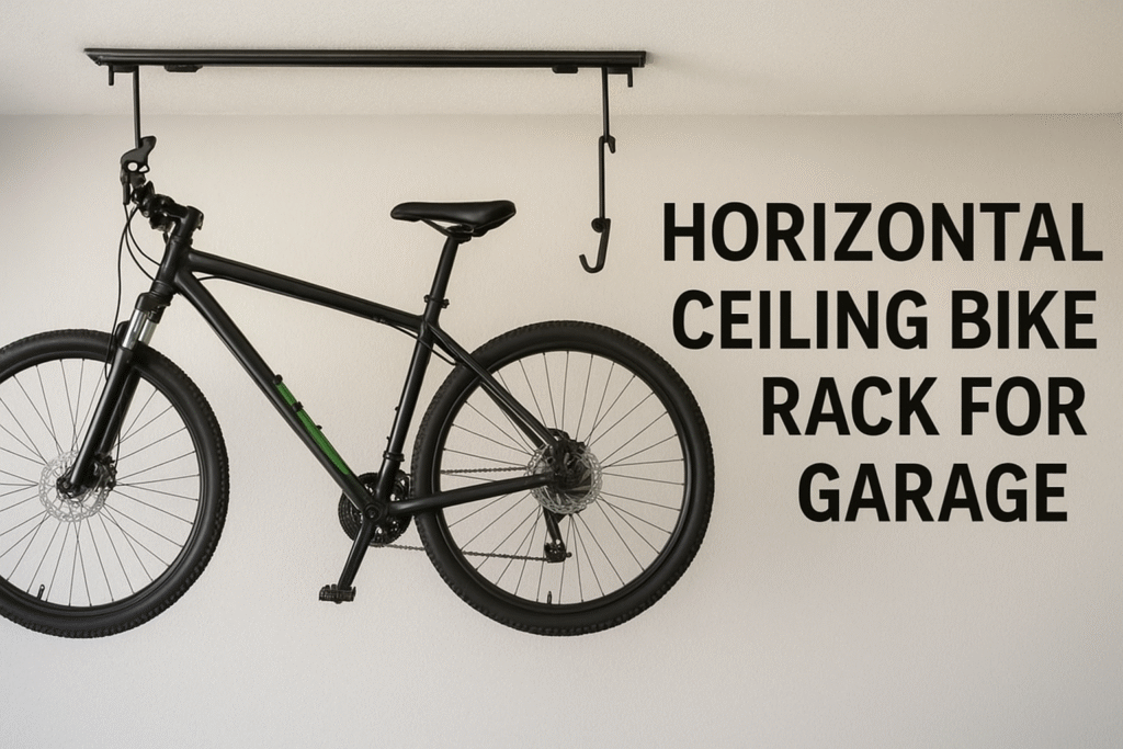 Horizontal ceiling bike rack for garage used for efficient bicycle storage