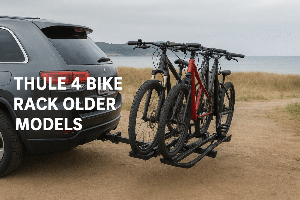 Thule 4 bike rack older models mounted on SUV for carrying multiple bikes