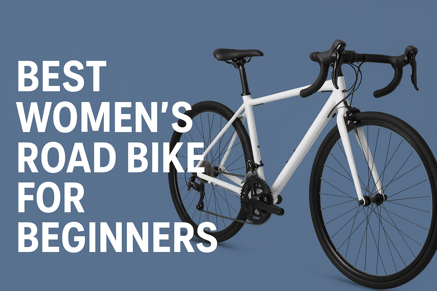 White women’s road bike on a blue background with bold text showing “Best Women’s Road Bike for Beginners.”