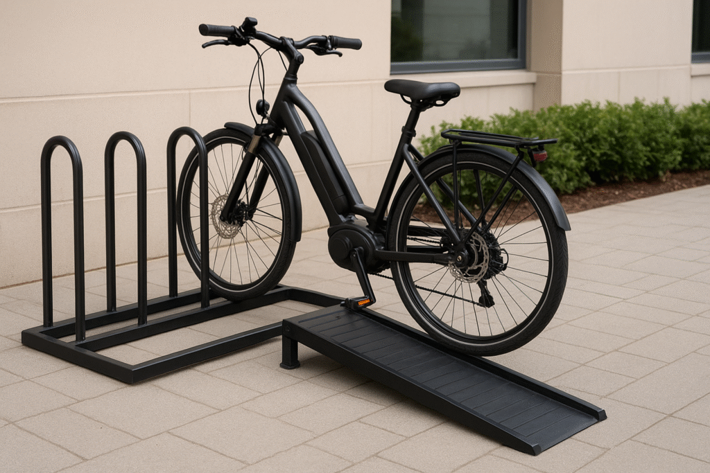 Electric bike secured in a sturdy metal bike rack with ramp for easy loading.