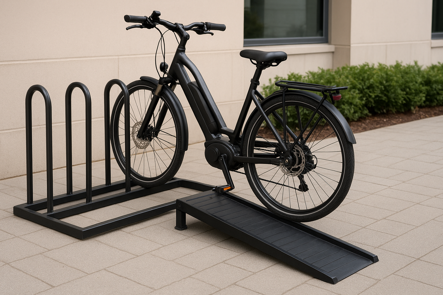 Electric bike secured in a sturdy metal bike rack with ramp for easy loading.
