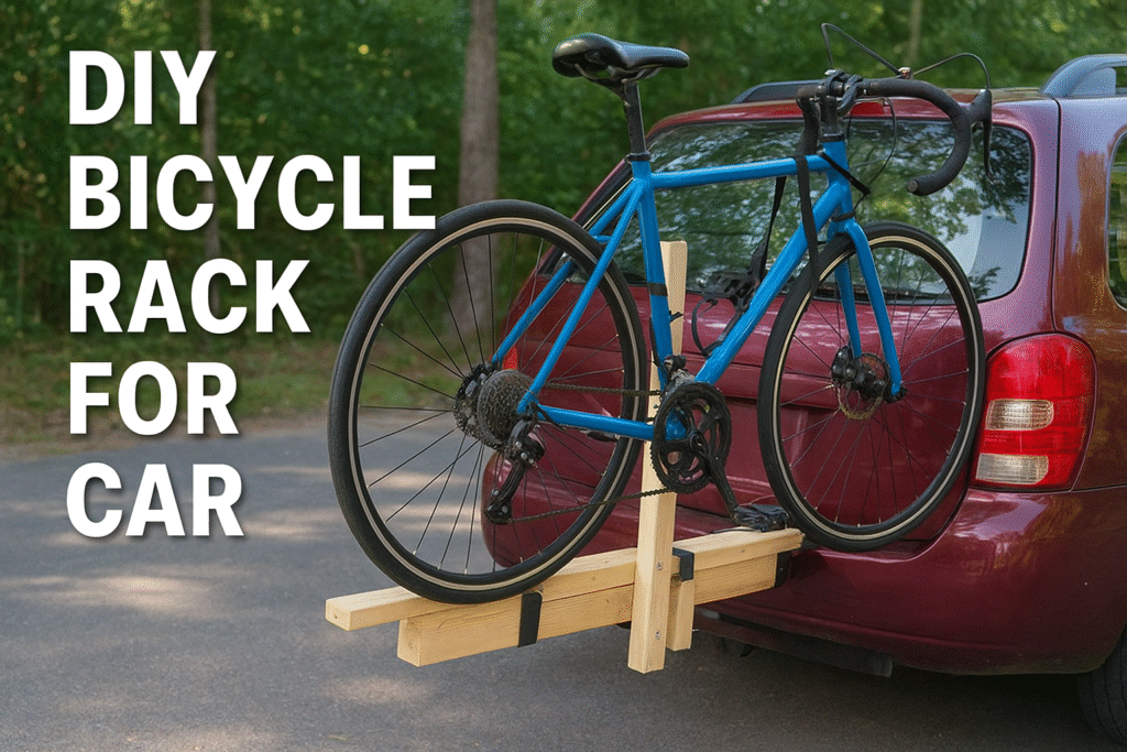 Homemade wooden DIY bicycle rack mounted on the back of a car holding a blue road bike