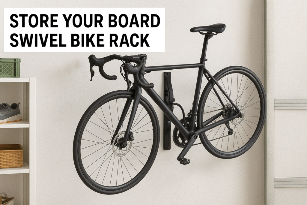 road bike mounted on a wall using a swivel bike rack for space-saving storage