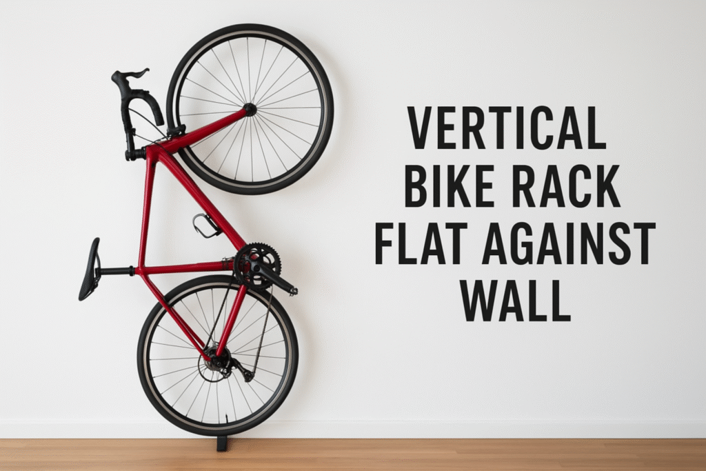 Vertical bike rack flat against wall holding a red road bicycle in a minimalist room