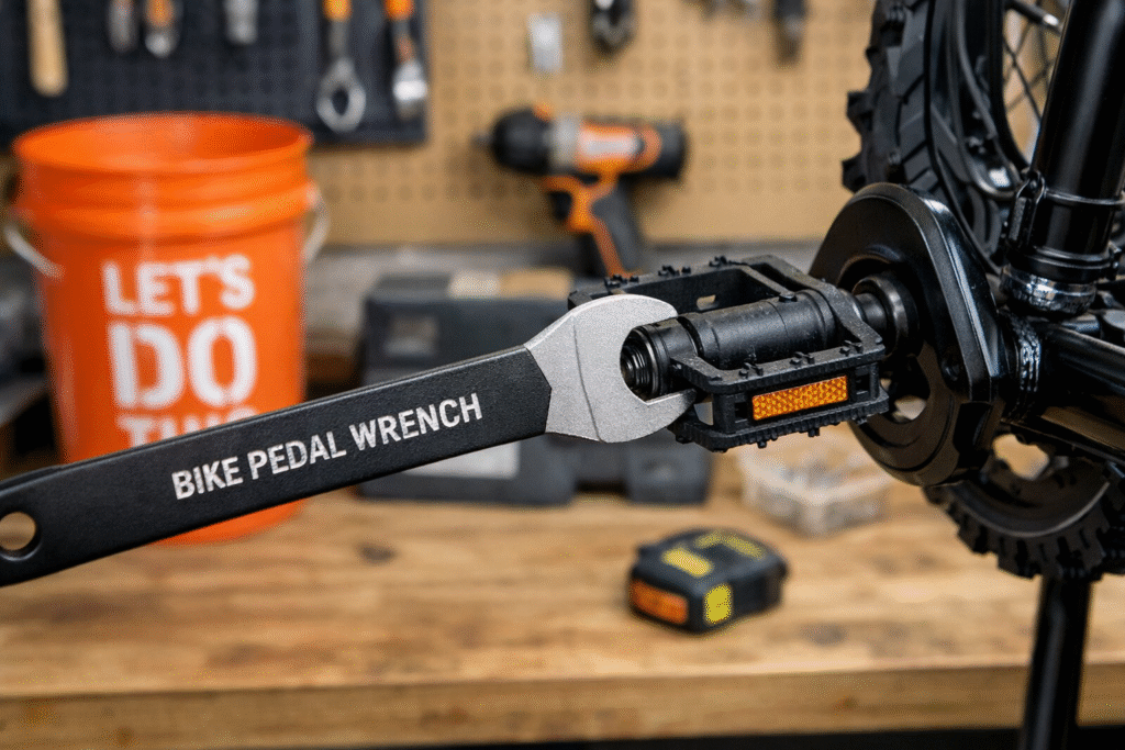 bike pedal wrench home depot tightening a bicycle pedal in a home workshop with tools in the background
