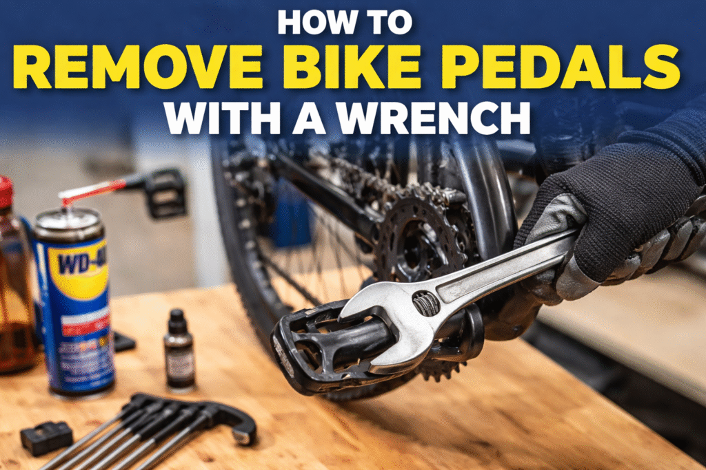 Close-up of a gloved hand removing a bicycle pedal with a wrench on a bike repair stand, showing proper pedal removal technique.