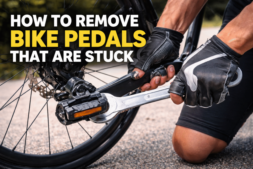 how to remove bike pedals that are stuck using a pedal wrench on a bicycle crank arm