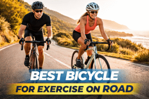 Two cyclists riding modern road bikes on a scenic coastal road, perfect for road exercise and fitness.