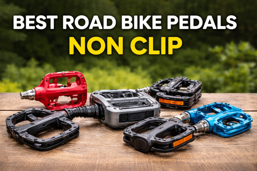 Collection of flat and non-clip road bike pedals designed for beginner and casual cycling comfort