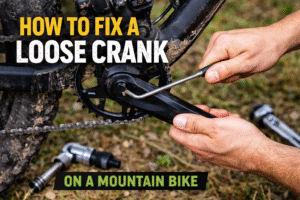 Hands tightening a how to fix a loose crank on a mountain bike using an Allen wrench, showing the crank arm and pedal close-up.