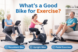 Three types of exercise bikes at home: a recumbent bike, upright bike, and pedal exerciser with seniors and beginners using them.