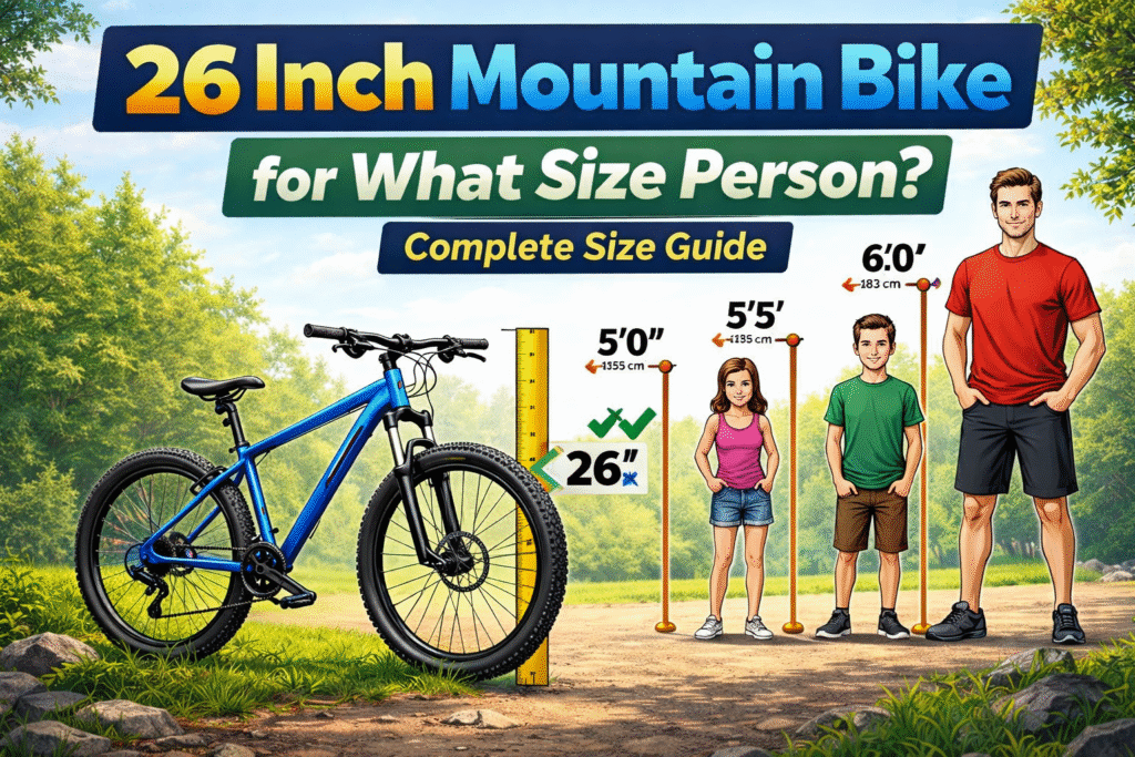 26 inch mountain bike size guide showing rider height comparison and ideal fit range