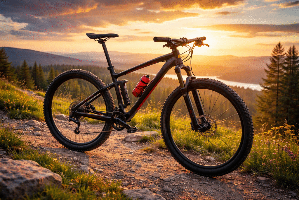 Professional cyclist with road bike on scenic mountain road at sunset for cycling website homepage