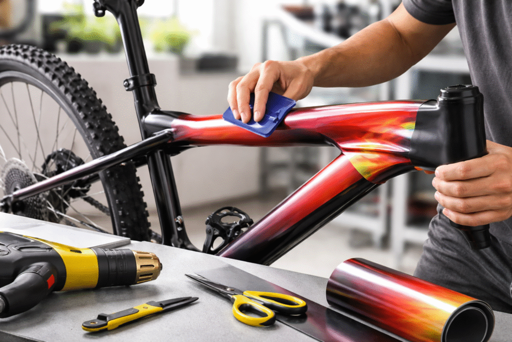 person applying vinyl wrap on bike frame to change color without painting