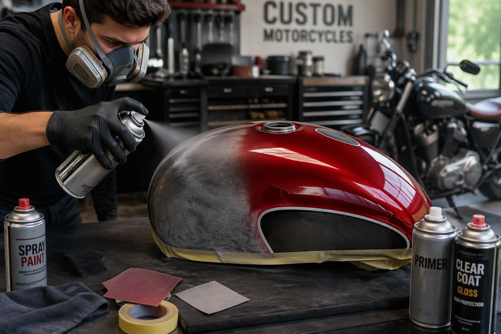 Man spray painting a motorcycle fuel tank in a workshop, creating a glossy red custom finish with primer and clear coat nearby