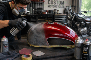 Man spray painting a motorcycle fuel tank in a workshop, creating a glossy red custom finish with primer and clear coat nearby
