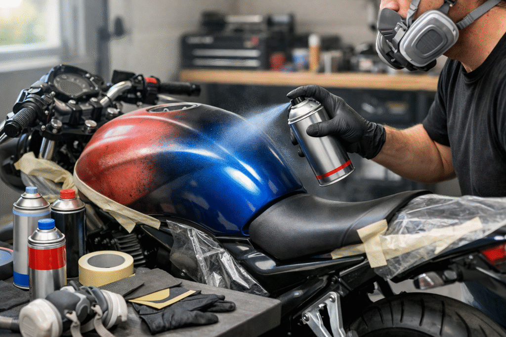 Man spray painting a motorcycle fuel tank in a workshop using aerosol cans for custom paint finishing